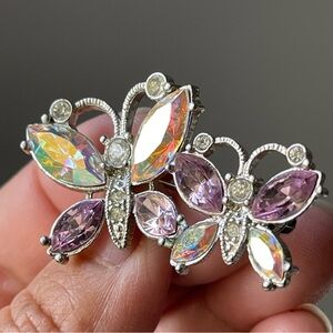 AVON 1999 |Vintage Double Butterfly Lapel Pin AB Crystals Silver Tone Brooch Pin
